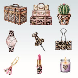 May include: A collection of illustrated items with a leopard print theme. Includes a trunk, stacked suitcases, a cactus in a pot, a watch, a push pin, a binder clip with the word "Today", a paper clip with a tassel, lipstick, and a candle.