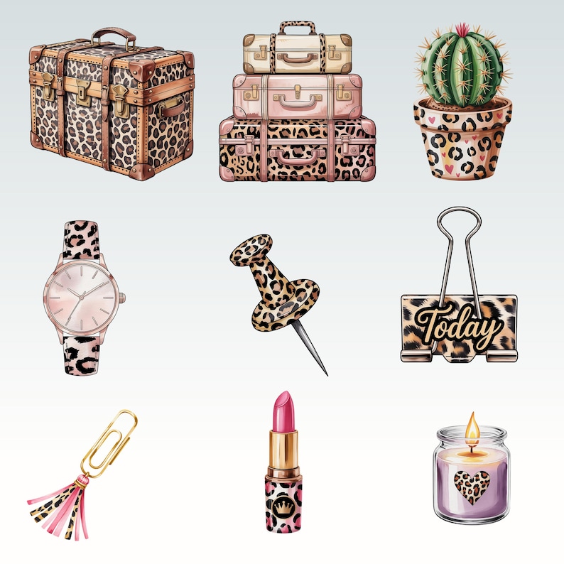 May include: A collection of illustrated items with a leopard print theme. Includes a trunk, stacked suitcases, a cactus in a pot, a watch, a push pin, a binder clip with the word "Today", a paper clip with a tassel, lipstick, and a candle.