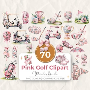 70 Pink Golf Clipart Bundle, Watercolor Floral Girly PNG, Cart, Ball, Trophy, Bag, Shoes, Golf Lover Graphics, 300 Dpi, Commercial Use
