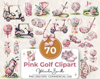 Pacchetto di 70 clipart di golf rosa, acquerello floreale femminile PNG, carrello, palla, trofeo, borsa, scarpe, grafica per amanti del golf, 300 dpi, uso commerciale