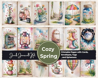 Kit Cozy Spring Junk Journal, scene floreali e di giardino fantasiose, pagine stampabili, biglietti, etichette, buste e materiale effimero, download digitale