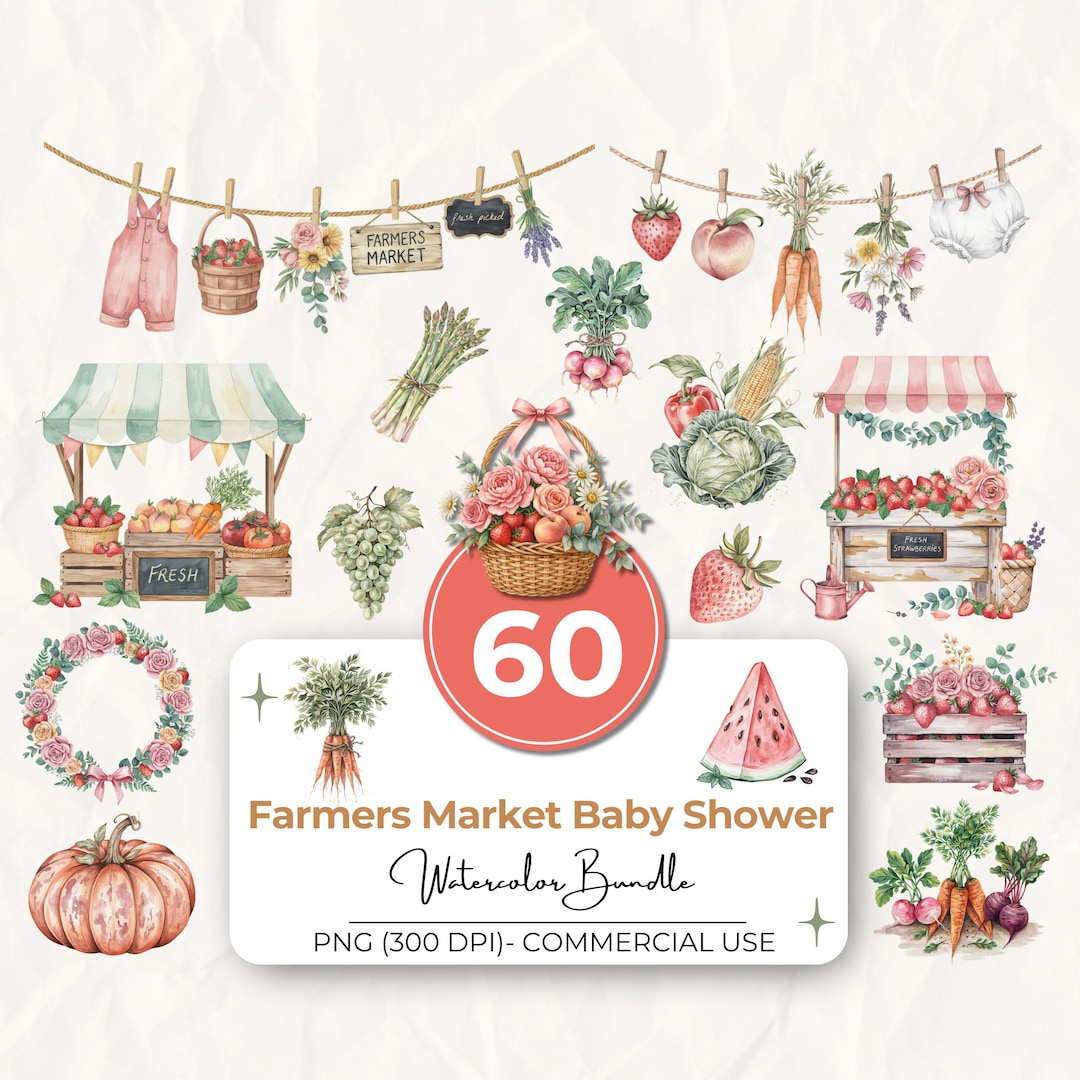 Farmers Market Baby Girl Shower Clipart Bundle, 60 Locally Grown