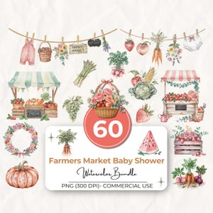 Farmers Market Baby Girl Shower Clipart Bundle, 60 Locally Grown Baby Watercolor PNG, Farm Fresh Produce Graphics, Commercial Use