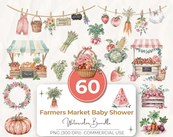Farmers Market Baby Girl Shower Clipart Bundle, 60 Locally Grown Baby Watercolor PNG, Farm Fresh Produce Graphics, Commercial Use