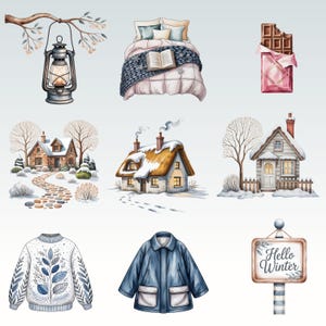 May include: Watercolor illustrations of winter scenes. Includes a lantern hanging from a branch, a bed with a book, a chocolate bar, snow-covered houses, a sweater with leaf design, a blue jacket, and a sign that says "Hello Winter".