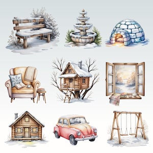 May include: Watercolor illustrations of winter scenes. Includes a snow-covered bench, a tiered fountain, an igloo, a cozy armchair, a treehouse cabin, an open window, a log cabin, a vintage car, and a wooden swing set.
