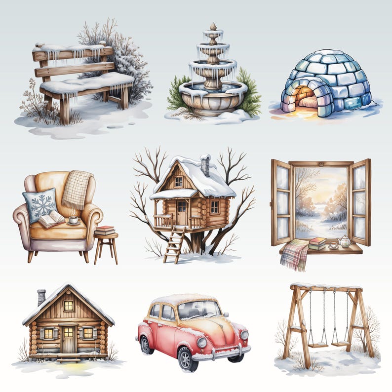 May include: Watercolor illustrations of winter scenes. Includes a snow-covered bench, a tiered fountain, an igloo, a cozy armchair, a treehouse cabin, an open window, a log cabin, a vintage car, and a wooden swing set.