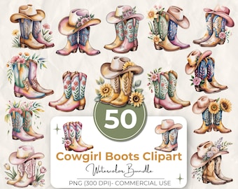 Pacchetto di 50 acquerelli di stivali da cowgirl, clipart di cappelli western floreali, grafica femminile (PNG), download digitale, uso commerciale