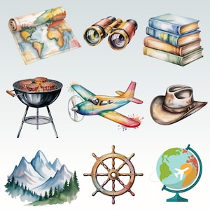 May include: Watercolor illustrations of travel and adventure items. Includes a rolled-up map, binoculars, a stack of books, a barbecue grill with steaks, a colorful airplane, a cowboy hat, mountains, a ship's wheel, and a globe.