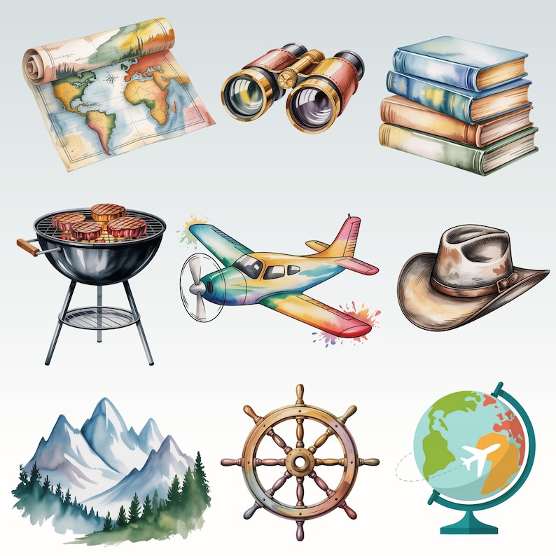 May include: Watercolor illustrations of travel and adventure items. Includes a rolled-up map, binoculars, a stack of books, a barbecue grill with steaks, a colorful airplane, a cowboy hat, mountains, a ship's wheel, and a globe.