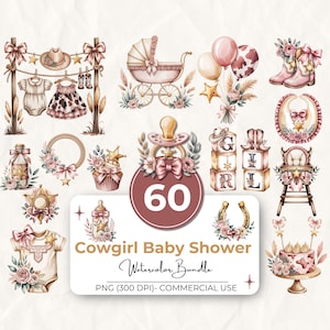 Cowgirl Baby Shower Clipart Bundle, 60 Pink Western Watercolor PNGs, Boho Baby Girl Rodeo Graphics, Boutique Nursery Decor, Commercial Use