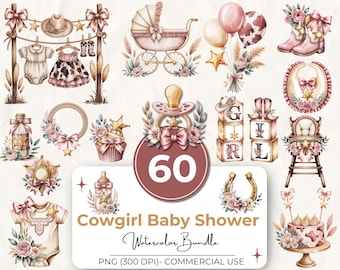 Pacchetto di clipart per baby shower a tema cowgirl, 60 PNG rosa in stile western ad acquerello, grafica boho per baby shower a tema rodeo, decorazioni per cameretta in stile boutique, uso commerciale.