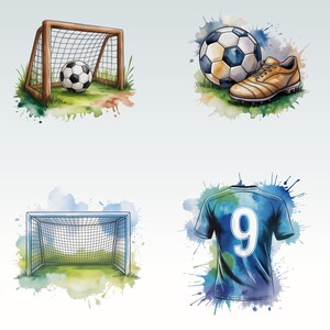 May include: Watercolor illustration of soccer equipment. Includes a soccer ball in a goal, a soccer ball with a shoe, a soccer goal, and a blue jersey with the number 9. The artwork features colorful paint splatters.