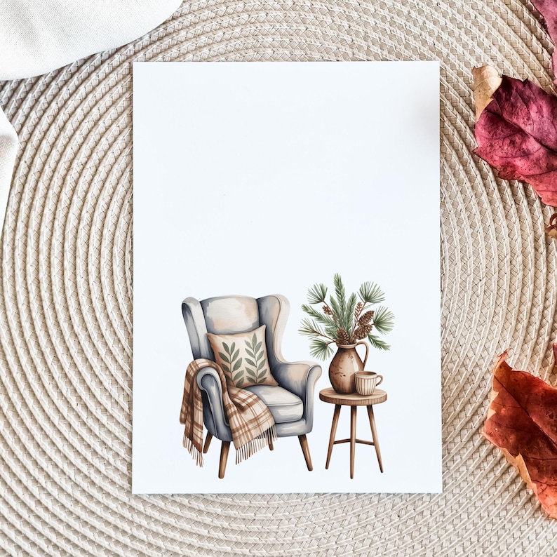 May include: Watercolor illustration of a cozy scene featuring a light blue armchair with a patterned pillow and a plaid throw. A small wooden side table holds a vase of pine branches and a cup. The background is white.