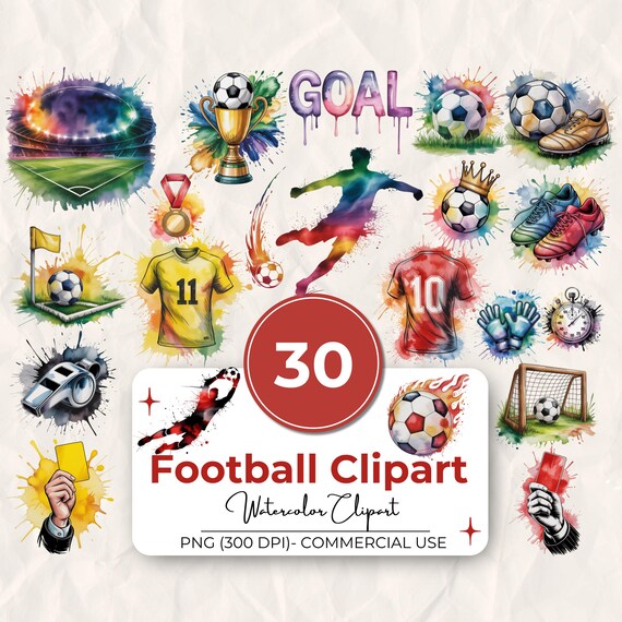30 Soccer Watercolor Clipart Bundle, Soccer Graphics PNG, Football Clipart, Sports Clipart, Soccer Player PNG, Commercial Use