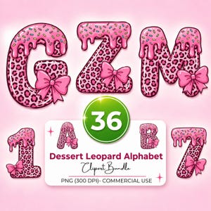 Pink Leopard Alphabet & Numbers Clipart PNG, Dessert Letters Bundle A–Z 0–9, 36 Files, Icing Drip Bow Font, Commercial Use, 300 DPI