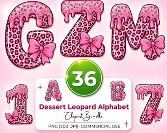 Alfabeto e numeri leopardati rosa clipart PNG, pacchetto di lettere per dolci dalla A alla Z da 0 a 9, 36 file, carattere a fiocco con glassa che cola, uso commerciale, 300 DPI