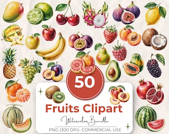 50 Watercolor Fruits Clipart Bundle, Strawberry, Orange, Lemon, Watermelon, Kiwi, Whole & Sliced Mango PNG, Summer Fruit, Digital Download