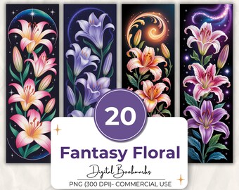 Pacchetto di 20 segnalibri floreali stampabili, segnalibri con gigli fantasy, fiori scuri ed eleganti, 2×6 pollici PNG, download digitale, uso commerciale