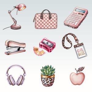 May include: A collection of pink and leopard print office supplies, including a desk lamp, laptop case, calculator, stapler, pencil sharpener, headphones, succulent, apple, and a "GIRL BOSS" ID badge.
