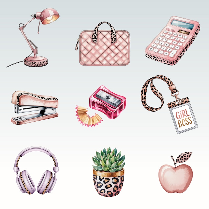 May include: A collection of pink and leopard print office supplies, including a desk lamp, laptop case, calculator, stapler, pencil sharpener, headphones, succulent, apple, and a "GIRL BOSS" ID badge.