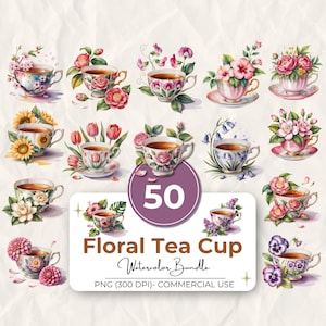 Può includere: Una collezione di 50 design di tazze da tè floreali ad acquerello. Ogni tazza è adornata con una composizione floreale unica in vari colori, tra cui rosa, rosso, giallo e viola. Il testo "Floral Tea Cup Watercolor Bundle" è anche visibile.