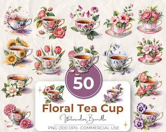 Pacchetto di 50 Clipart floreali per tazze da tè, PNG per tazze da tè, grafica primaverile ad acquerello, illustrazione vintage per un tea party, 300 DPI, uso commerciale