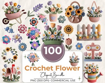 Pacchetto di 100 clipart di fiori all'uncinetto, fiori di filato PNG, set di grafica floreale lavorata a maglia, Cottagecore Spring, 300 DPI, uso commerciale