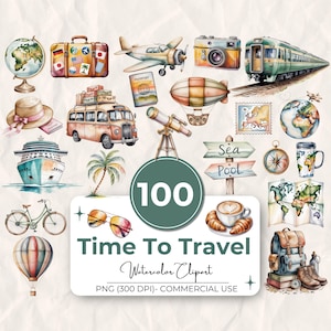 Könnte beinhalten: Aquarell-Cliparts mit Reise-Themen. Enthält einen Globus, Koffer, Flugzeug, Kamera, Zug, Bus, Reisepass, Heißluftballon, Teleskop, Kompass, Karte und mehr. Der Text "Time To Travel" und "100" sind ebenfalls enthalten.