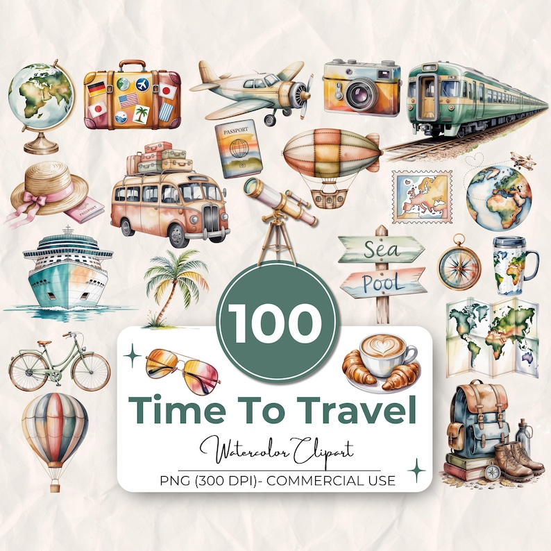 May include: Watercolor clipart set featuring travel-themed illustrations. Includes a globe, suitcase, airplane, camera, train, bus, passport, hot air balloon, telescope, compass, map, and more. The text "Time To Travel" and "100" are also included.