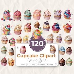 May include: A collection of 24 watercolour cupcake clip art images. Each cupcake features a unique frosting design and topping, including berries, cherries, and chocolate. The image includes the text "Cupcake Clipart Watercolor Bundle".