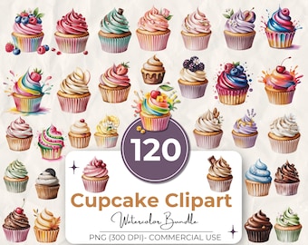 Pacchetto di 120 clipart di cupcake ad acquerello, dolci dessert PNG, grafica di pasticceria, cupcake con glassa pastello, 300 DPI, uso commerciale