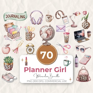 May include: Watercolor bundle featuring various stationery and office supplies. Includes a globe, headphones, coffee cup, laptop, and backpack, all with a leopard print design. The text "Planner Girl" and "Journaling" are visible.