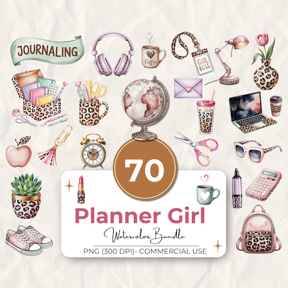 70 Pink Planner Girl Watercolor Clipart, Leopard, Feminine Journal PNG Bundle, Stickers, Scrapbook, Digital Download, Commercial Use