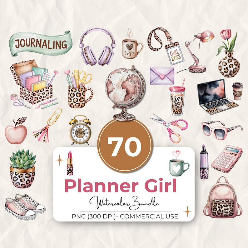 May include: Watercolor bundle featuring various stationery and office supplies. Includes a globe, headphones, coffee cup, laptop, and backpack, all with a leopard print design. The text "Planner Girl" and "Journaling" are visible.