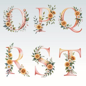 May include: Watercolor floral alphabet letters O, P, Q, R, S, and T. Each letter is a gradient of pink and yellow, adorned with sunflowers, daisies, and green leaves. The letters are arranged on a white background.