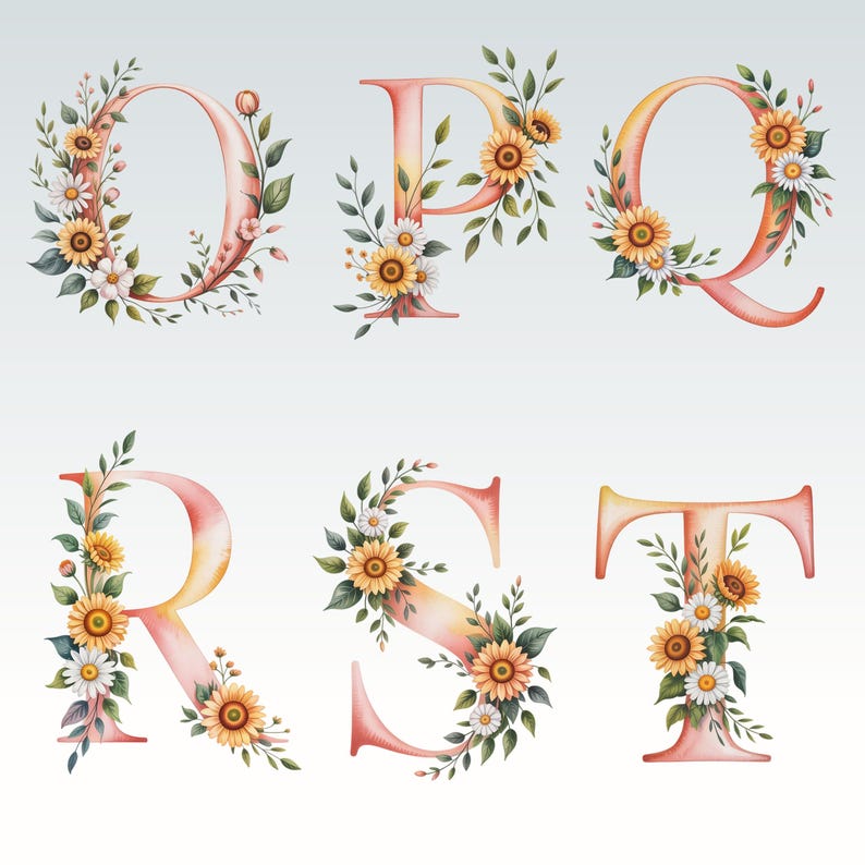 May include: Watercolor floral alphabet letters O, P, Q, R, S, and T. Each letter is a gradient of pink and yellow, adorned with sunflowers, daisies, and green leaves. The letters are arranged on a white background.