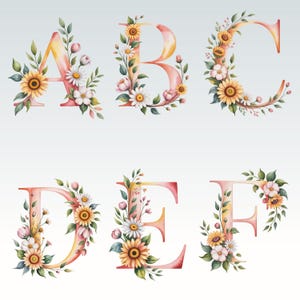 May include: Watercolor alphabet letters A, B, C, D, E, and F, each adorned with floral arrangements. The letters are in a gradient of pink and yellow, with sunflowers, daisies, and green leaves.