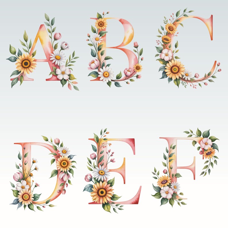May include: Watercolor alphabet letters A, B, C, D, E, and F, each adorned with floral arrangements. The letters are in a gradient of pink and yellow, with sunflowers, daisies, and green leaves.
