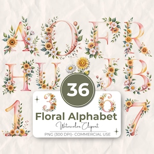36 Floral Alphabet Watercolor Clipart Bundle, Alphabet Clipart A-Z 0-9, Alphabet Clipart PNG Set, Alphabet Clipart Illustration
