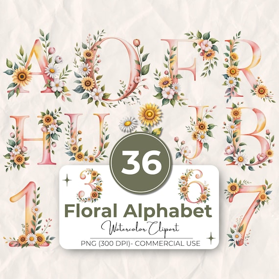 36 Floral Alphabet Watercolor Clipart Bundle, Alphabet Clipart A-Z 0-9, Alphabet Clipart PNG Set, Alphabet Clipart Illustration