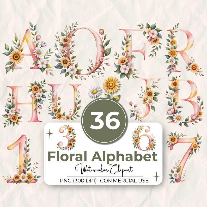 May include: Watercolor floral alphabet letters and numbers, including A, D, E, R, H, I, J, B, 1, 3, 6, and 7. Each letter and number is adorned with sunflowers, daisies, and greenery. The image also includes a circle with the number 36.
