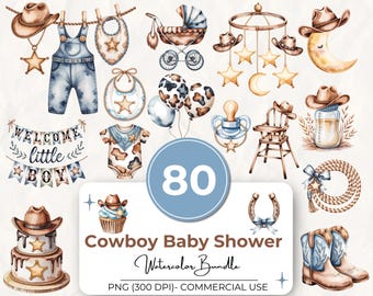 Pacchetto di 80 clipart a tema cowboy per baby shower, immagini PNG ad acquerello per neonato, grafica a tema rodeo, decorazioni western per la cameretta, uso commerciale.