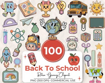 100 Back to School Clipart Retro Groovy Bundle, Cute Back to School Clipart, School Supplies Clipart Set, Back to School Clipart With Faces