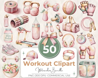 Pacchetto di 50 clipart acquerello rosa per allenamento, attrezzatura da palestra PNG, illustrazione di fitness femminile, download digitale, uso commerciale, 300 DPI