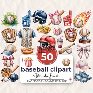 Op de afbeelding: Waterverf baseball clipart bundel met diverse baseball-thema illustraties. Inclusief honkballen, handschoenen, helmen, knuppels, shirts, petten en voedsel zoals hotdogs en nacho's. De tekst zegt "50 baseball clipart" en "Watercolor Bundle".