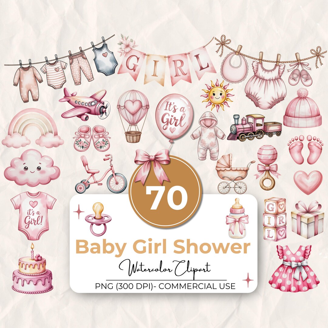 70 Baby Shower Clipart Watercolor Pink Bundle, Baby Girl Shower Clipart ...
