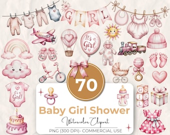 70 Baby Shower Clipart Watercolor Pink Bundle, Baby Girl Shower Clipart, New Baby Clipart, Baby Girl Nursery Art, New Born, Commercial Use