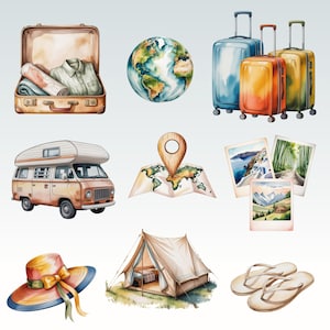 May include: Watercolor illustration of travel-themed items. Includes a suitcase, globe, rolling luggage, a camper van, map with a pin, photos, a tent, a sun hat, and flip-flops. The items are in shades of brown, blue, orange, and green.