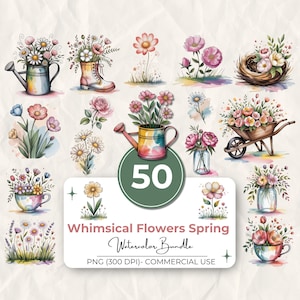 50 Whimsical Flowers Spring Clipart, Watercolor Garden Bundle, PNG Floral Elements, Boots, Watering Cans, Jars, Wheelbarrow, Commercial Use